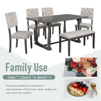 6-Piece Dining Table and Chair Set with Special-Shaped Legs, Foam-Covered Seat Backs & Cushions, Retro Pine Veneer, Gray(m-4)