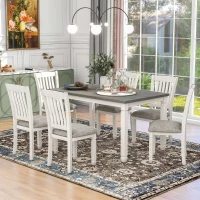 Vinsetto 7-Piece Dining Table Set with Upholstered Chairs, Ergonomic Design, Rubber Wood and MDF Construction, 60"L x 36"W x 30.5"H, White+gray(m-1)