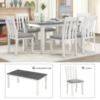 Retro Style 7-Piece Dining Table Set with Extendable Table, 6 Upholstered Chairs, Solid Wood Legs, and Distressed Finish, 54"-70"L x 36"W x 30"H, White+gray(m-4)