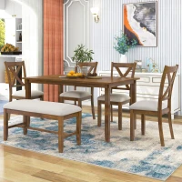 6-Piece Kitchen Dining Table Set, Wooden Rectangular Table with 4 Fabric Chairs and Bench, Durable Solid Wood Frame, Easy Assembly, 60''L x 36''W x 30''H, Natural Cherry(m-1)