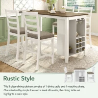 5-Piece Rubber Wood Counter Height Dining Set with Padded Chairs, Wine Compartment, and Wineglass Holders, 59.6"L x 30"W x 36"H, Brown+Whitewash(m-4)