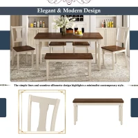 Classic 6-Piece Dining Set, Wooden Table and 4 Chairs with Bench, Sturdy Wood Construction, Ergonomic Design, 60''L x 35.8''W x 30''H, Brown+Cottage White(m-4)