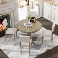 5-Piece Retro Style Round Dining Table Set with Curved Trestle Legs and 4 Upholstered Chairs, Solid Acacia Wood, for Kitchen, Taupe(m-1)