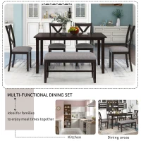 6-Piece Kitchen Dining Table Set, Wooden Rectangular Table with 4 Fabric Chairs and Bench, Durable Solid Wood Frame, 60''L x 36''W x 30''H, Espresso(m-4)