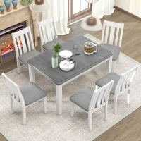 Retro Style 7-Piece Dining Table Set with Extendable Table, 6 Upholstered Chairs, Solid Wood Legs, and Distressed Finish, 54"-70"L x 36"W x 30"H, White+gray(m-1)