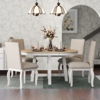 5-Piece Farmhouse Dining Table Set, Extendable Round Table with X-Shaped Base and 4 Upholstered Chairs, Adjustable Length 42-58", Oak Natural Wood + Antique White(m-8)