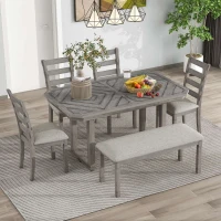 6-Piece Rubber Wood Dining Table Set with Beautiful Wood Grain Pattern, Solid Wood Veneer, Soft Cushions, and H-Shaped Support Legs, 60"L x 36"W x 30.3"H, Gray(m-1)