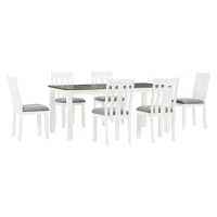 Retro Style 7-Piece Dining Table Set with Extendable Table, 6 Upholstered Chairs, Solid Wood Legs, and Distressed Finish, 54"-70"L x 36"W x 30"H, Antique brown(m-2)