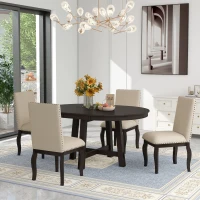 5-Piece Farmhouse Dining Table Set, Wood Round Extendable Table with 4 Upholstered Chairs, Adjustable Length, Solid Structure, 42-58"L x 42"W x 30"H, Espresso(m-3)
