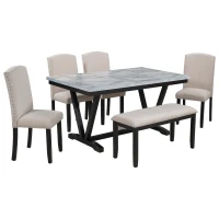 Modern 6-Piece Dining Table Set with 4 Upholstered Chairs and Bench, Marbled Veneers Tabletop, V-Shaped Legs, 60''L x 36''W x 30''H, White(m-2)