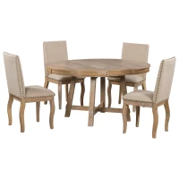 5-Piece Farmhouse Dining Table Set, Wood Round Extendable Table with 4 Upholstered Chairs, Adjustable Length, Solid Structure, 42~58"L x 42"W x 30"H, Natural Wood Wash(m-2)