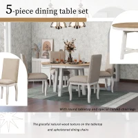 5-Piece Farmhouse Dining Table Set, Extendable Round Table with X-Shaped Base and 4 Upholstered Chairs, Adjustable Length 42-58", Oak Natural Wood + Antique White(m-4)