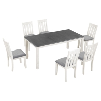 Retro Style 7-Piece Dining Table Set with Extendable Table, 6 Upholstered Chairs, Solid Wood Legs, and Distressed Finish, 54"-70"L x 36"W x 30"H, White+gray