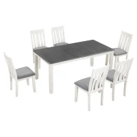 Retro Style 7-Piece Dining Table Set with Extendable Table, 6 Upholstered Chairs, Solid Wood Legs, and Distressed Finish, 54"-70"L x 36"W x 30"H, White+gray(m-2)