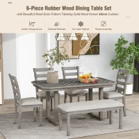 6-Piece Rubber Wood Dining Table Set with Beautiful Wood Grain Pattern, Solid Wood Veneer, Soft Cushions, and H-Shaped Support Legs, 60"L x 36"W x 30.3"H, Gray(m-4)