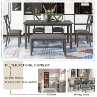 6-Piece Kitchen Dining Table Set, Wooden Rectangular Table with 4 Fabric Chairs and Bench, Waterproof Top, Easy Assembly, 60''L x 36''W x 30''H, Gray(m-4)