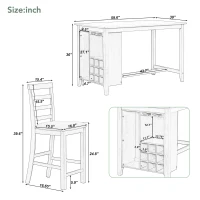 5-Piece Rubber Wood Counter Height Dining Set with Padded Chairs, Wine Compartment, and Wineglass Holders, 59.6"L x 30"W x 36"H, Brown+Whitewash(m-3)