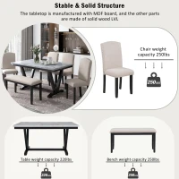Modern 6-Piece Dining Table Set with 4 Upholstered Chairs and Bench, Marbled Veneers Tabletop, V-Shaped Legs, 60''L x 36''W x 30''H, White(m-5)