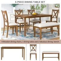 6-Piece Kitchen Dining Table Set, Wooden Rectangular Table with 4 Fabric Chairs and Bench, Durable Solid Wood Frame, Easy Assembly, 60''L x 36''W x 30''H, Natural Cherry(m-4)