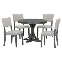 5-Piece Retro Round Dining Table Set with Curved Trestle Legs, Upholstered Chairs, and Solid Wood Frame, 44”Lx44”Wx30.2”H, Dark Gray