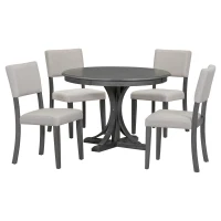 5-Piece Retro Round Dining Table Set with Curved Trestle Legs, Upholstered Chairs, and Solid Wood Frame, 44”Lx44”Wx30.2”H, Dark Gray(m-2)