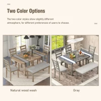 6-Piece Rubber Wood Dining Table Set with Wood Grain Pattern, Solid Wood Veneer, Soft Cushions, and H-Shaped Support Legs, 60"L x 36"W x 30.3"H, Natural Wood Wash(m-5)
