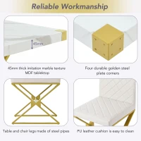 Vinsetto 7-Piece Pedestal Modern Dining Table Set, Rectangular Marble Texture Kitchen Table with 6 PU Leather Chairs and X-Shaped Gold Steel Pipe Legs, 60"L x 36"W x 30"H, White(m-7)