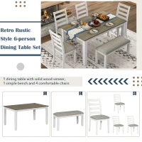 Rustic Style 6-Piece Dining Room Table Set with 4 Upholstered Chairs & Bench, Solid Wood Veneer, Rubber Wood Legs, 60"L x 36"W x 30"H, Brown+Whitewash(m-5)