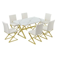 Vinsetto 7-Piece Pedestal Modern Dining Table Set, Rectangular Marble Texture Kitchen Table with 6 PU Leather Chairs and X-Shaped Gold Steel Pipe Legs, 60"L x 36"W x 30"H, White(m-2)
