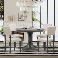 5-Piece Retro Round Dining Table Set with Curved Trestle Legs, Upholstered Chairs, and Solid Wood Frame, 44”Lx44”Wx30.2”H, Dark Gray(m-8)