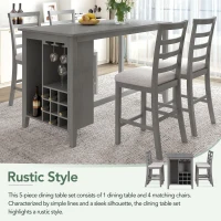 5-Piece Rubber Wood Counter Height Kitchen Table Set with Padded Chairs, Multi-Functional Table, Wine Compartment, and Wineglass Holders, Gray(m-4)