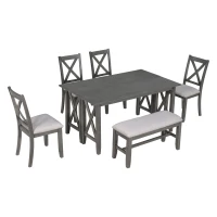 Retro 6-Piece Family Dining Room Set, Solid Wood Foldable Table and 4 Chairs with Bench, Space-Saving Design, for kitchen, Gray(m-2)