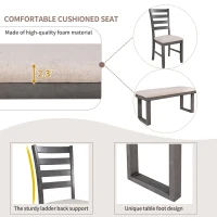 6-Piece Solid Wood Dining Room Set with Rectangular Table, 4 Chairs, and Bench, High-Density Cushions, 60''L x 35.8''W x 30.3''H, Gray(m-6)