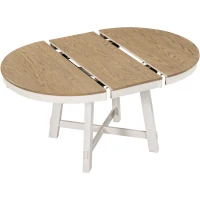 5-Piece Farmhouse Dining Table Set, Extendable Round Table with X-Shaped Base and 4 Upholstered Chairs, Adjustable Length 42-58", Oak Natural Wood + Antique White(m-10)