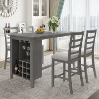 5-Piece Rubber Wood Counter Height Kitchen Table Set with Padded Chairs, Multi-Functional Table, Wine Compartment, and Wineglass Holders, Gray(m-1)