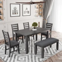 Dining Room Table and Chairs with Bench, Rustic Wood Dining Set, 6-Piece, Distressed Finish, Upholstered Seats, Solid Wood Legs, 60"L x 36"W x 30.3"H Table, Gray(m-1)