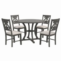 5-Piece Round Dining Table and Chair Set with Special-Shaped Legs, Hollow Chair Back, and Cushioned Seats, 42"Lx42"Wx30"H, Gray(m-2)