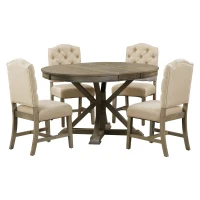 Retro Style Dining Table Set with Extendable Table and 4 Upholstered Chairs, Solid Wood Legs, 42"-54"L x 42"W x 30"H Oval Table, Natural Wood Wash(m-2)
