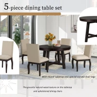 5-Piece Farmhouse Dining Table Set, Wood Round Extendable Table with 4 Upholstered Chairs, Adjustable Length, Solid Structure, 42-58"L x 42"W x 30"H, Espresso(m-5)
