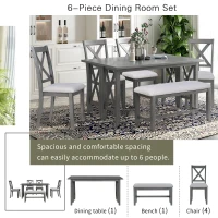 Retro 6-Piece Family Dining Room Set, Solid Wood Foldable Table and 4 Chairs with Bench, Space-Saving Design, for kitchen, Gray(m-4)