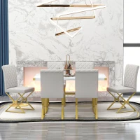 Vinsetto 7-Piece Pedestal Modern Dining Table Set, Rectangular Marble Texture Kitchen Table with 6 PU Leather Chairs and X-Shaped Gold Steel Pipe Legs, 60"L x 36"W x 30"H, White(m-8)