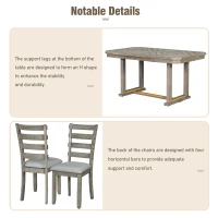 6-Piece Rubber Wood Dining Table Set with Beautiful Wood Grain Pattern, Solid Wood Veneer, Soft Cushions, and H-Shaped Support Legs, 60"L x 36"W x 30.3"H, Gray(m-7)
