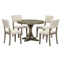 5-Piece Retro Style Round Dining Table Set with Curved Trestle Legs and 4 Upholstered Chairs, Solid Acacia Wood, for Kitchen, Taupe