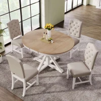 Retro Style Dining Table Set with Extendable Table and 4 Upholstered Chairs, Solid Wood Legs, 42"-54"L x 42"W x 30"H Oval Table, Oak Natural Wood + OFF White(m-1)