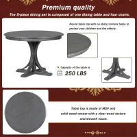 5-Piece Retro Round Dining Table Set with Curved Trestle Legs, Upholstered Chairs, and Solid Wood Frame, 44”Lx44”Wx30.2”H, Dark Gray(m-7)