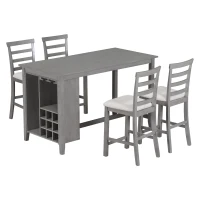 5-Piece Rubber Wood Counter Height Kitchen Table Set with Padded Chairs, Multi-Functional Table, Wine Compartment, and Wineglass Holders, Gray(m-2)