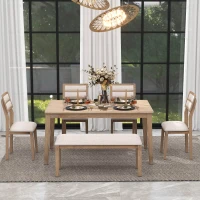 6-Piece Dining Set, Includes Dining Table, 4 Upholstered Chairs & Bench, Rubber Wood Legs, MDF Tabletop, 60''L x 36''W x 30''H, Natural Wood Wash(m-1)