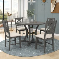 5-Piece Round Dining Table and Chair Set with Special-Shaped Legs, Hollow Chair Back, and Cushioned Seats, 42"Lx42"Wx30"H, Gray(m-1)