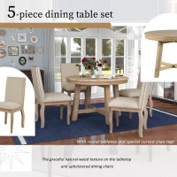 5-Piece Farmhouse Dining Table Set, Wood Round Extendable Table with 4 Upholstered Chairs, Adjustable Length, Solid Structure, 42~58"L x 42"W x 30"H, Natural Wood Wash(m-4)