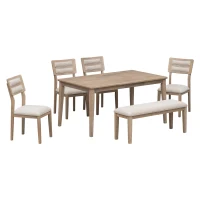 6-Piece Dining Set, Includes Dining Table, 4 Upholstered Chairs & Bench, Rubber Wood Legs, MDF Tabletop, 60''L x 36''W x 30''H, Natural Wood Wash(m-2)